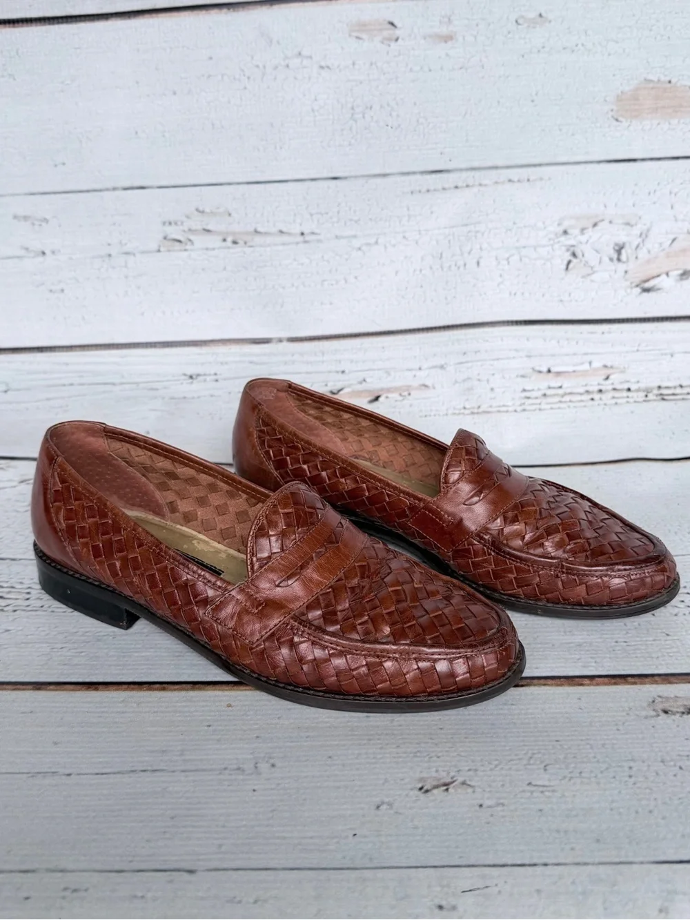 Vintage Pappagallo Brown Woven Leather Penny Loafers - Size 5.5